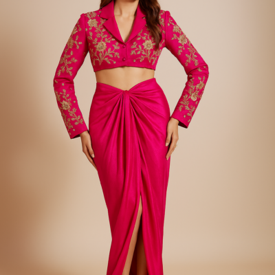 Hot Pink Embellished Crop Blazer with Draped Skirt Set