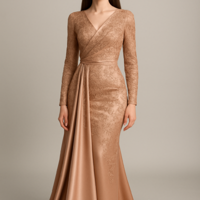 Elegant Bronze Lace Satin Evening Gown
