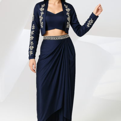 Navy Blue Embroidered Draped Skirt Set