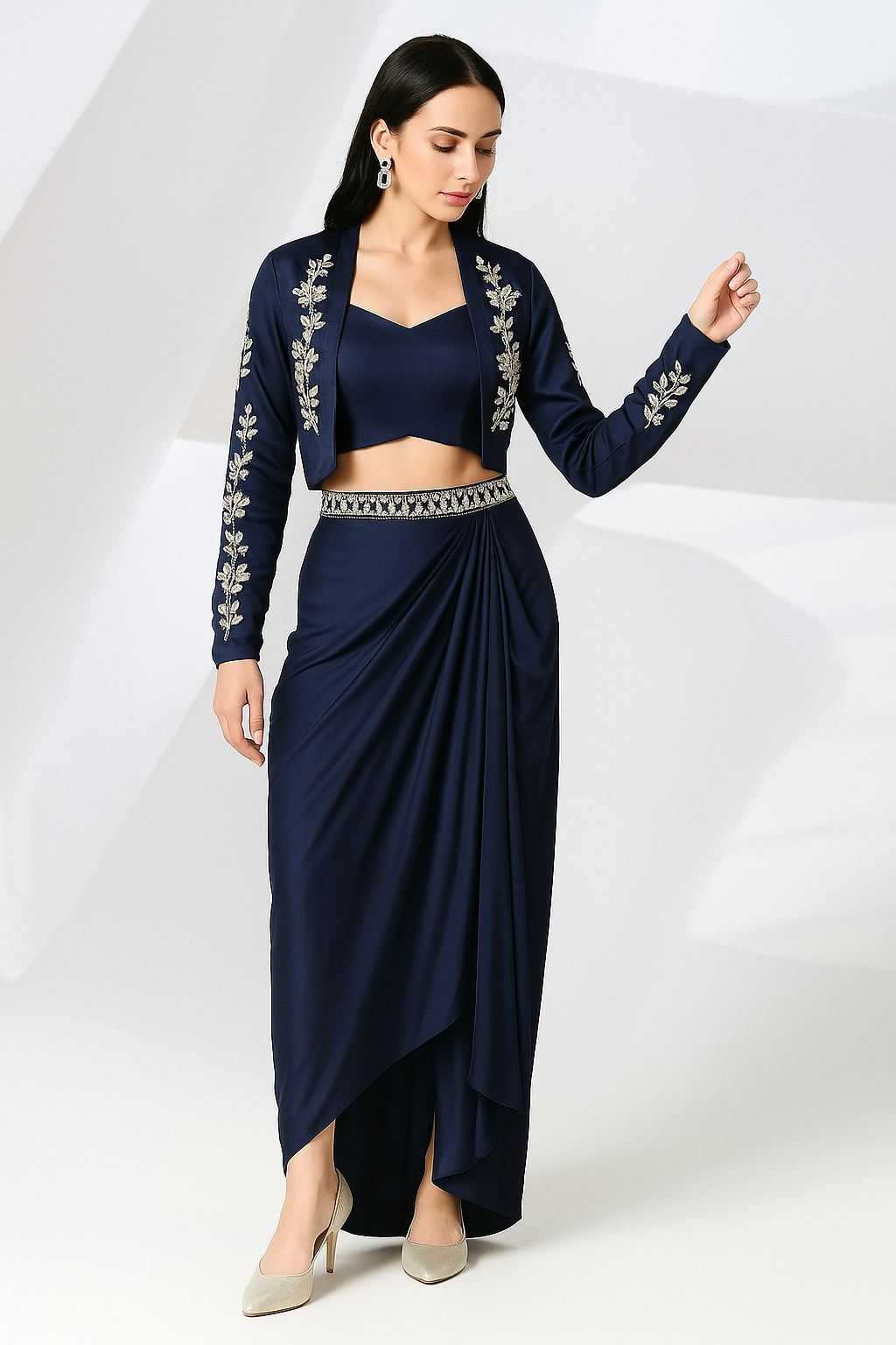 Navy Blue Embroidered Draped Skirt Set