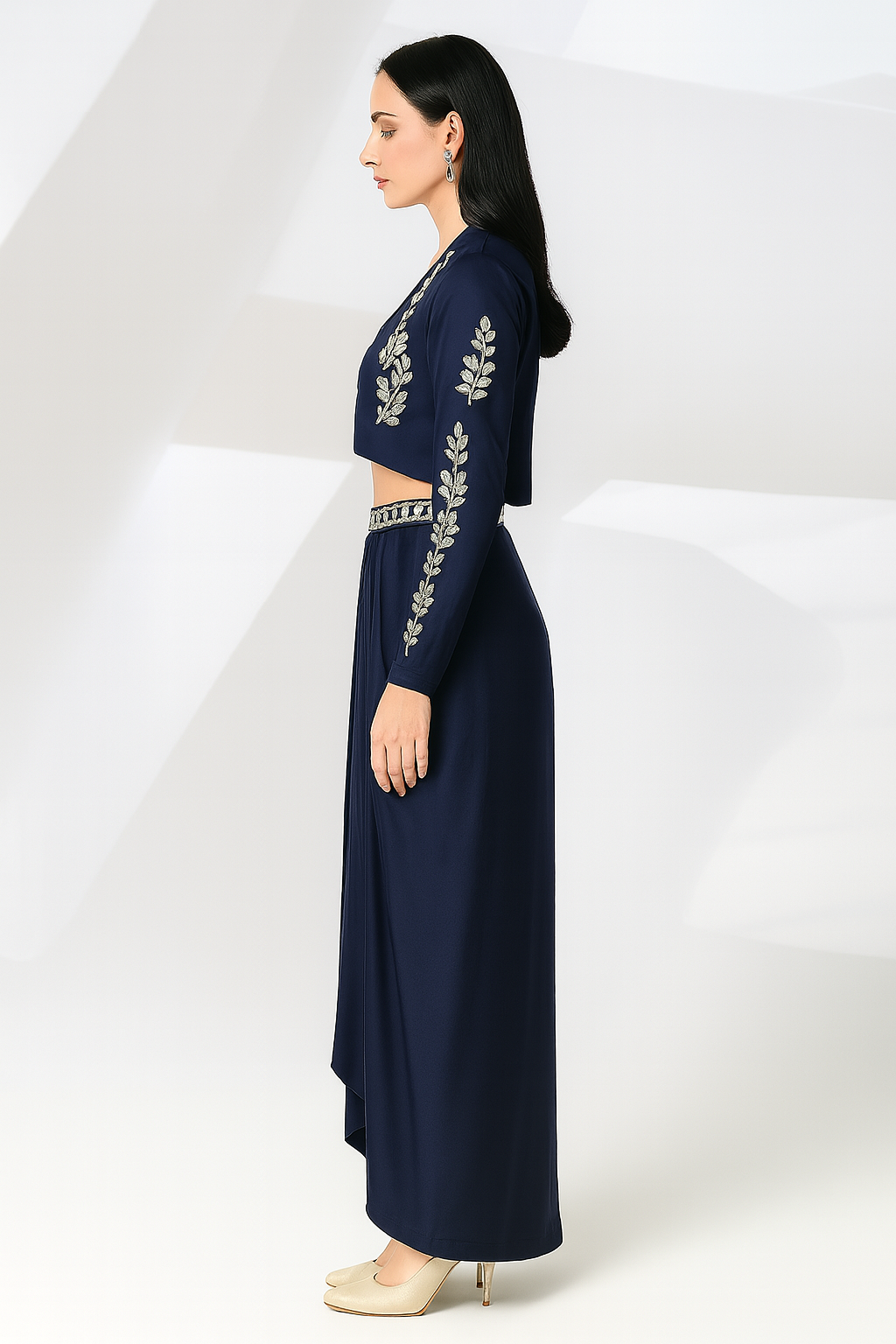 Navy Blue Embroidered Draped Skirt Set - Image 2
