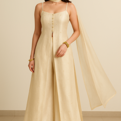 Elegant Beige Palazzo Kurta Set with Dupatta