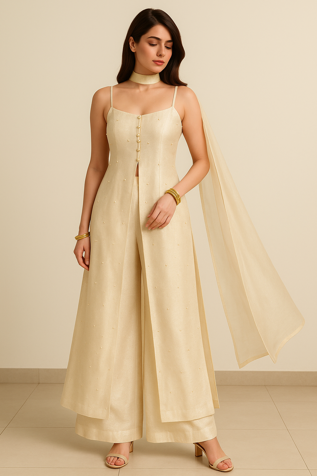 Elegant Beige Palazzo Kurta Set with Dupatta