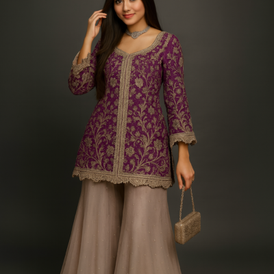 Purple & Beige Embroidered Sharara Set