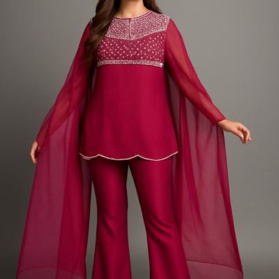 Magenta Embellished Cape Sleeve Tunic with Flared Pants