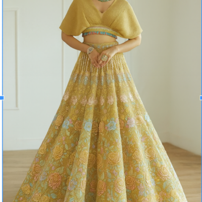 Golden Floral Embroidered Lehenga with Crop Top