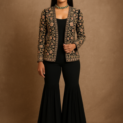 Embroidered Short Jacket with Black Flared Pants