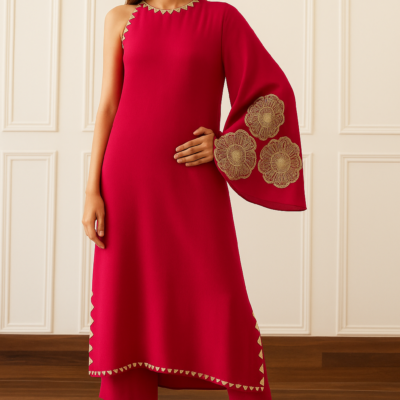 Women's One-Shoulder Embroidered Kurta Set