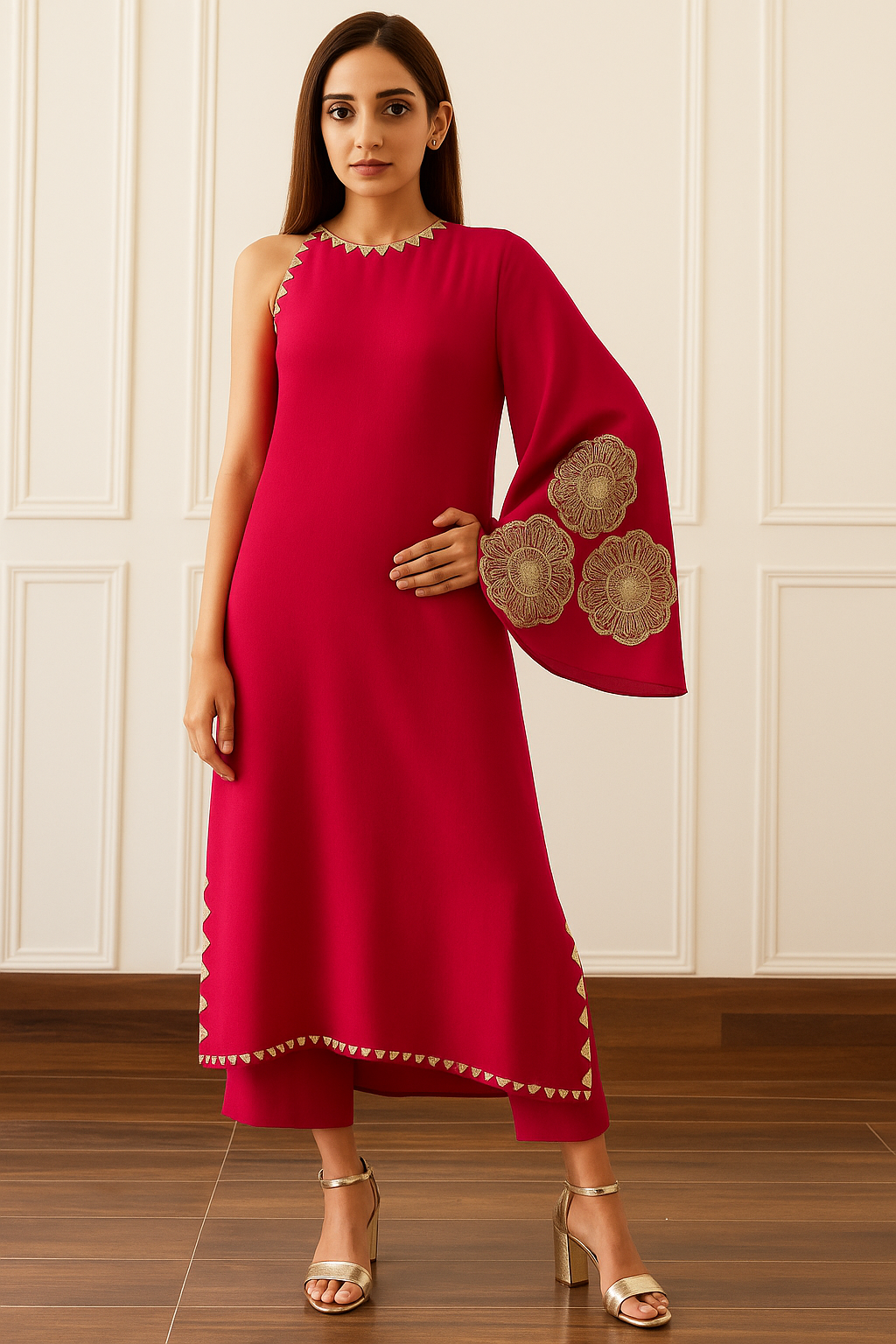 Women's One-Shoulder Embroidered Kurta Set