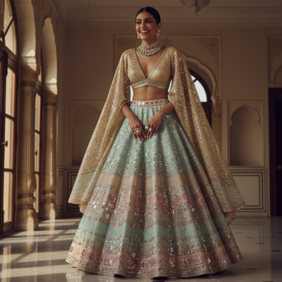 Pastel Blue & Gold Embroidered Designer Lehenga Set