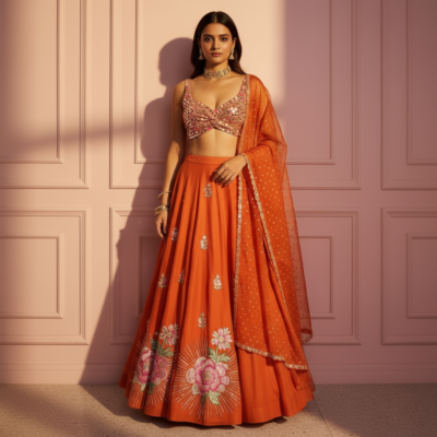 Embroidered Orange Sequin Lehenga Set