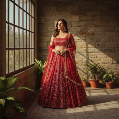 Red Sequined Embellished Lehenga Choli Set