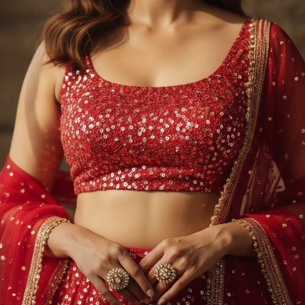 Red Sequined Embellished Lehenga Choli Set - Image 3