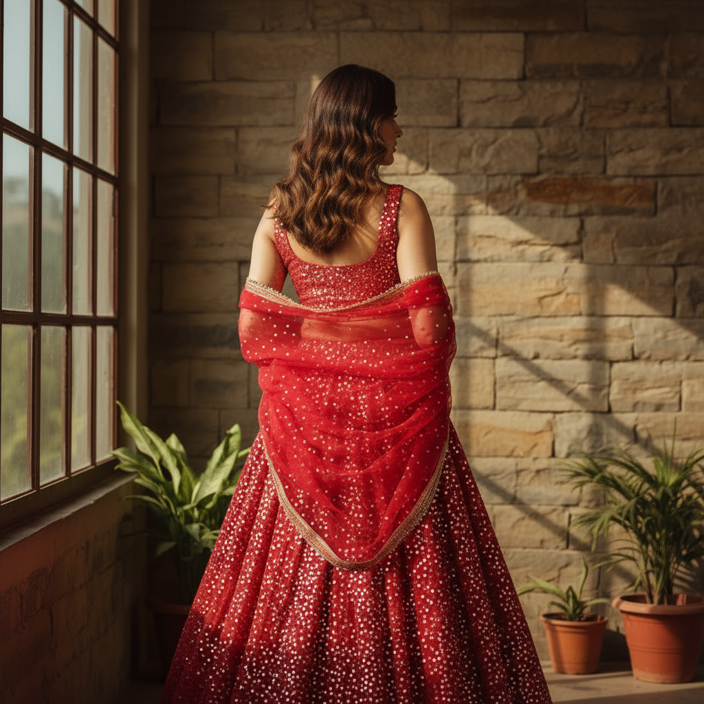 Red Sequined Embellished Lehenga Choli Set - Image 2