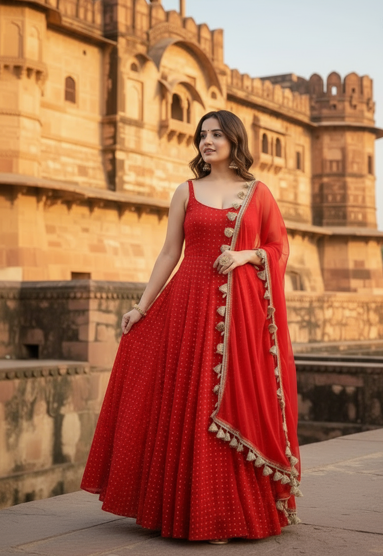 Red Embellished Anarkali Gown with Dupatta