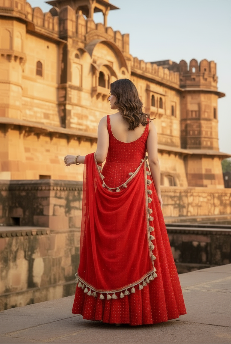 Red Embellished Anarkali Gown with Dupatta - Image 2