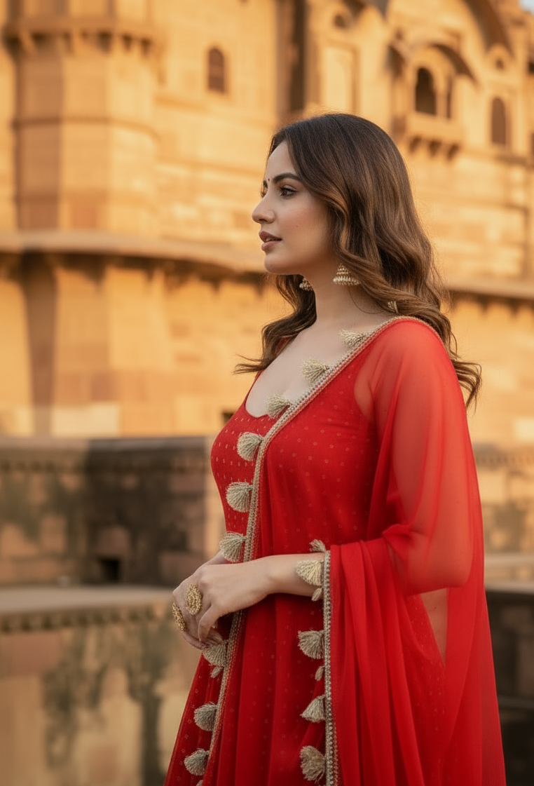 Red Embellished Anarkali Gown with Dupatta - Image 3