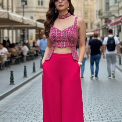 Fuchsia Embroidered Crop Top with Wide-Leg Pants Set