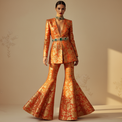 Regal Brocade Flared Pantsuit with Embellished Belt
