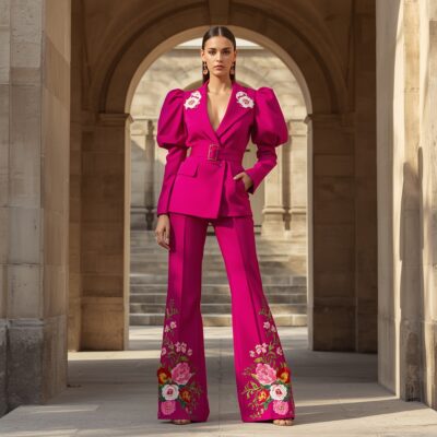 Fuchsia Power Suit with Puff Sleeves and Floral Embroidered Flared Pants