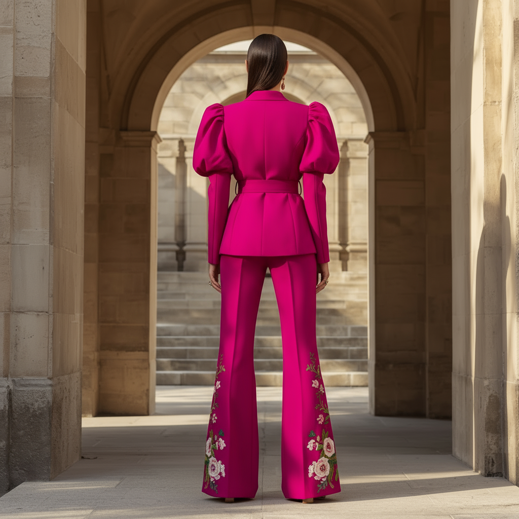 Fuchsia Power Suit with Puff Sleeves and Floral Embroidered Flared Pants - Image 3