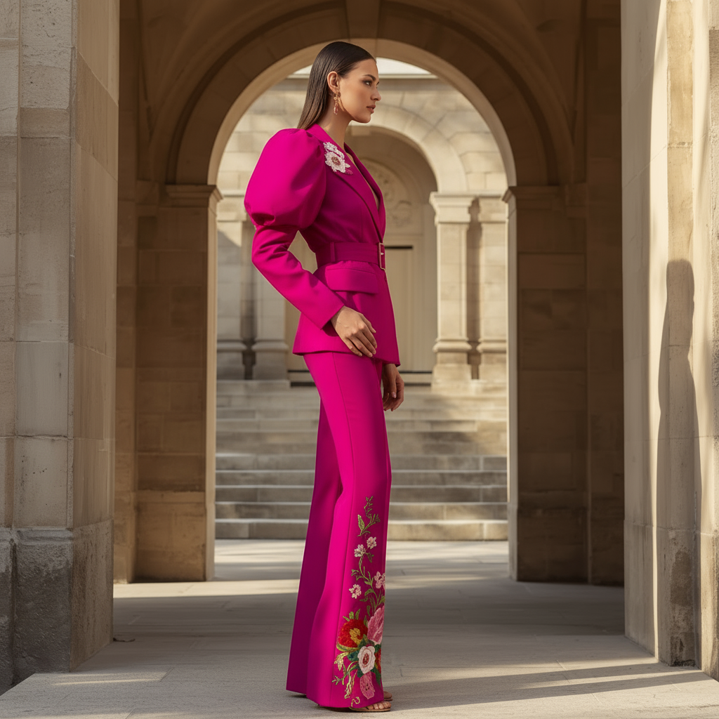 Fuchsia Power Suit with Puff Sleeves and Floral Embroidered Flared Pants - Image 2