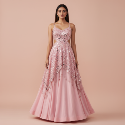 Mirror-Embellished Layered Anarkali Gown with Tassel Detailing