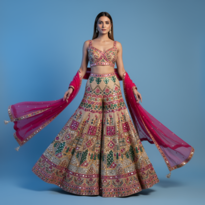 Embroidered Mirror-Work Co-ord Set with Pink Dupatta