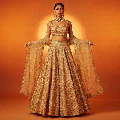 Golden Embroidered  Lehenga Set