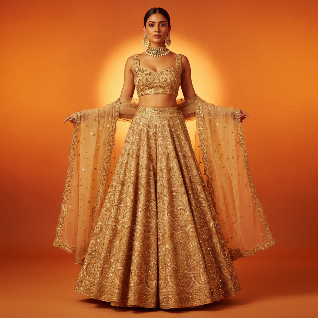 Golden Embroidered Lehenga Set