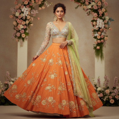 Embroidered Orange Floral Lehenga with Pastel Green Dupatta