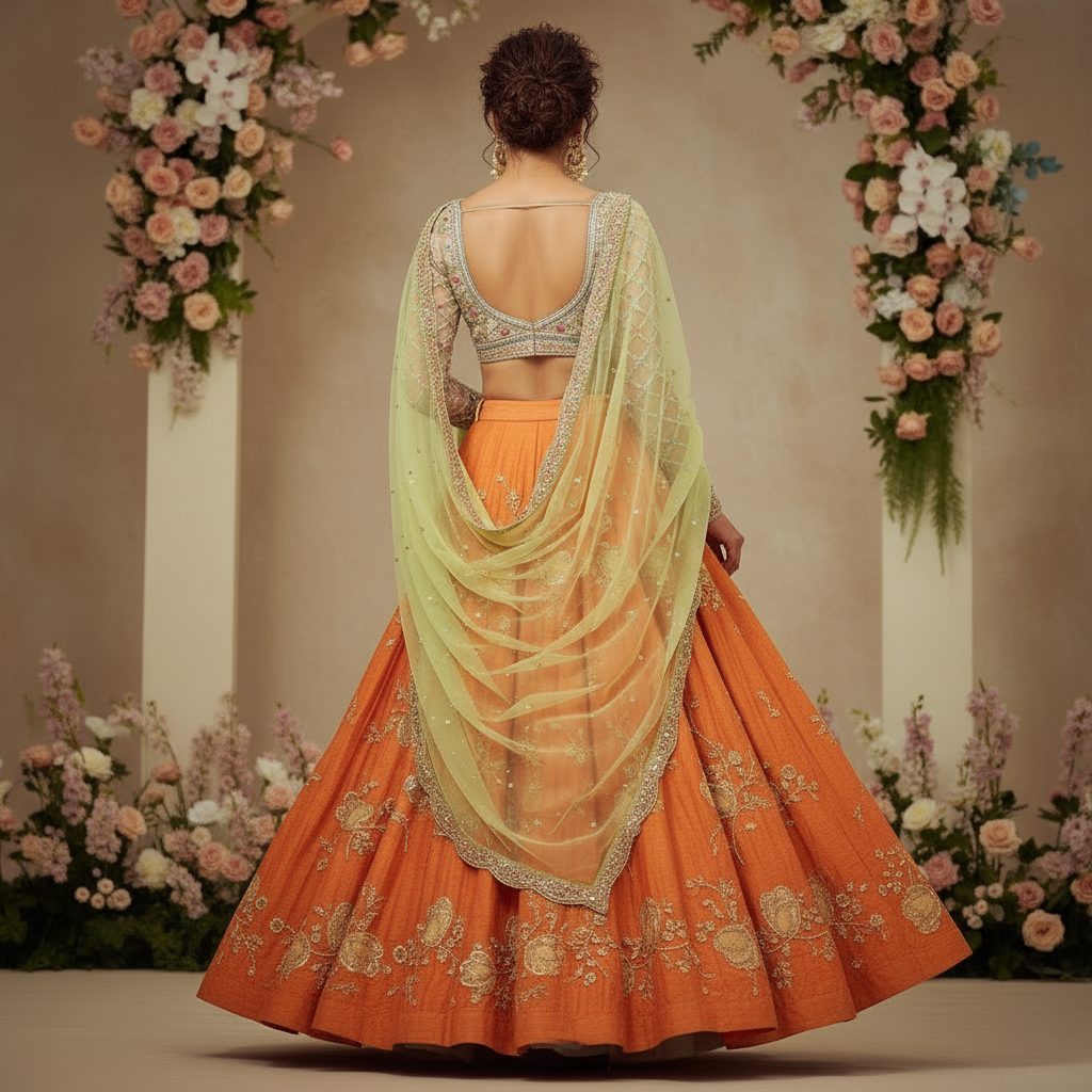 Embroidered Orange Floral Lehenga with Pastel Green Dupatta - Image 2