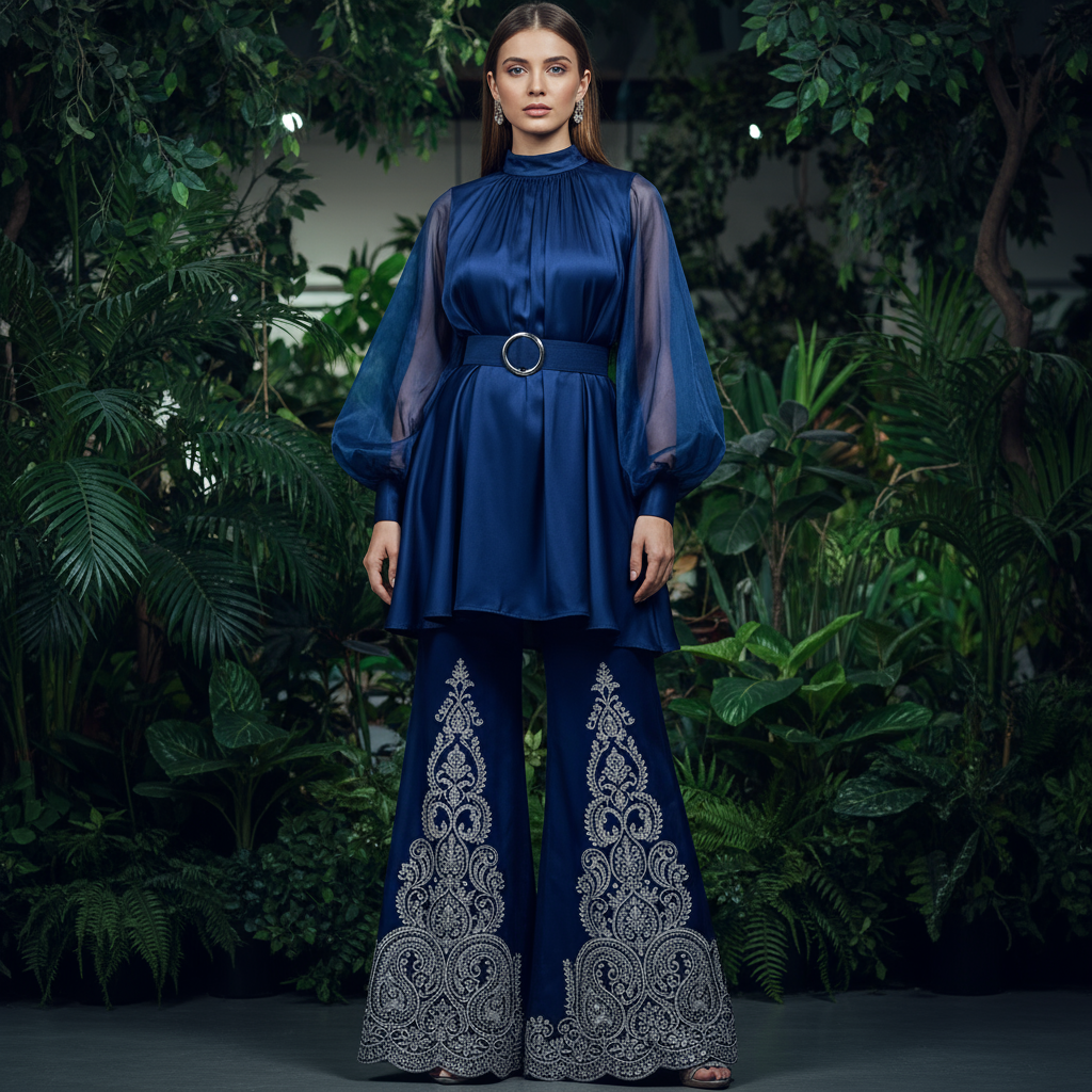 Royal Blue Embroidered Palazzo Set with Sheer-Sleeve Tunic