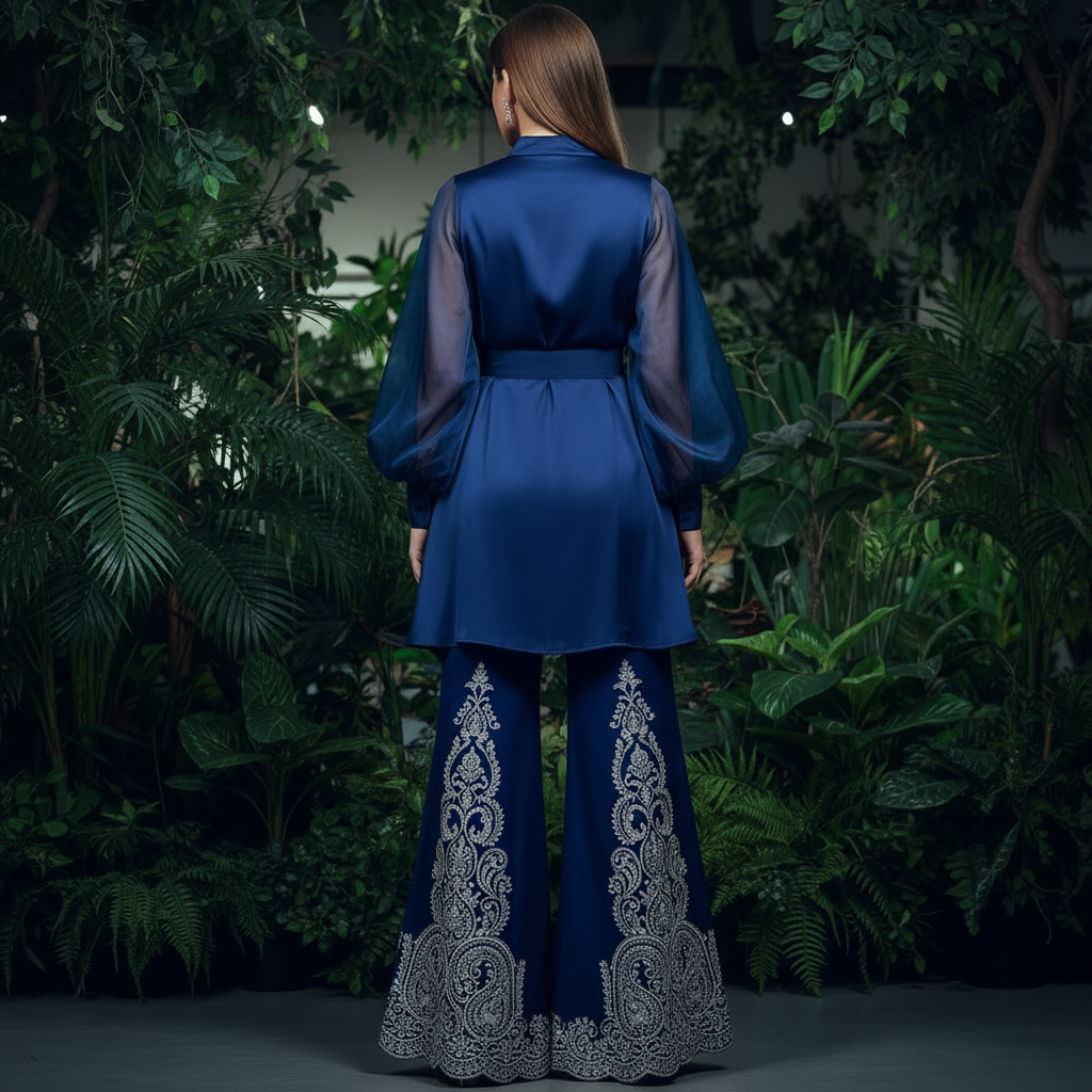Royal Blue Embroidered Palazzo Set with Sheer-Sleeve Tunic - Image 2