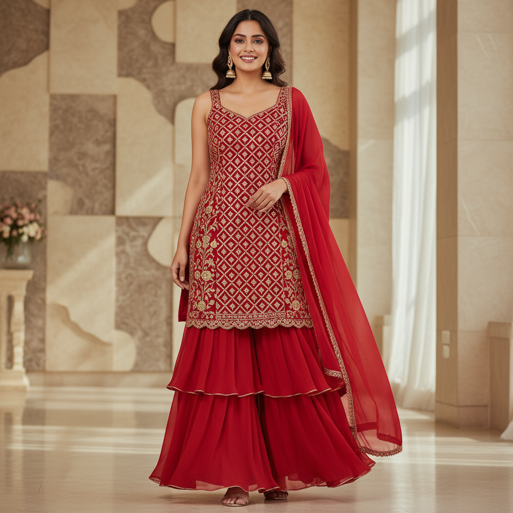 Festive Red Embroidered Sharara Suit with Dupatta