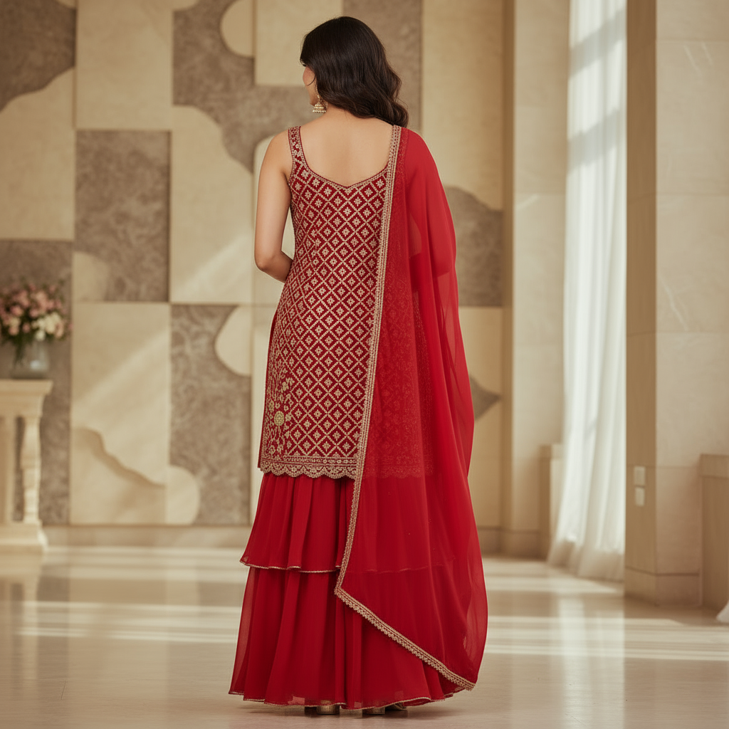 Festive Red Embroidered Sharara Suit with Dupatta - Image 2