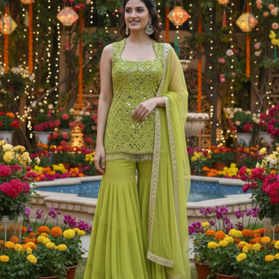 Lime Green Mirror Work Sharara Set