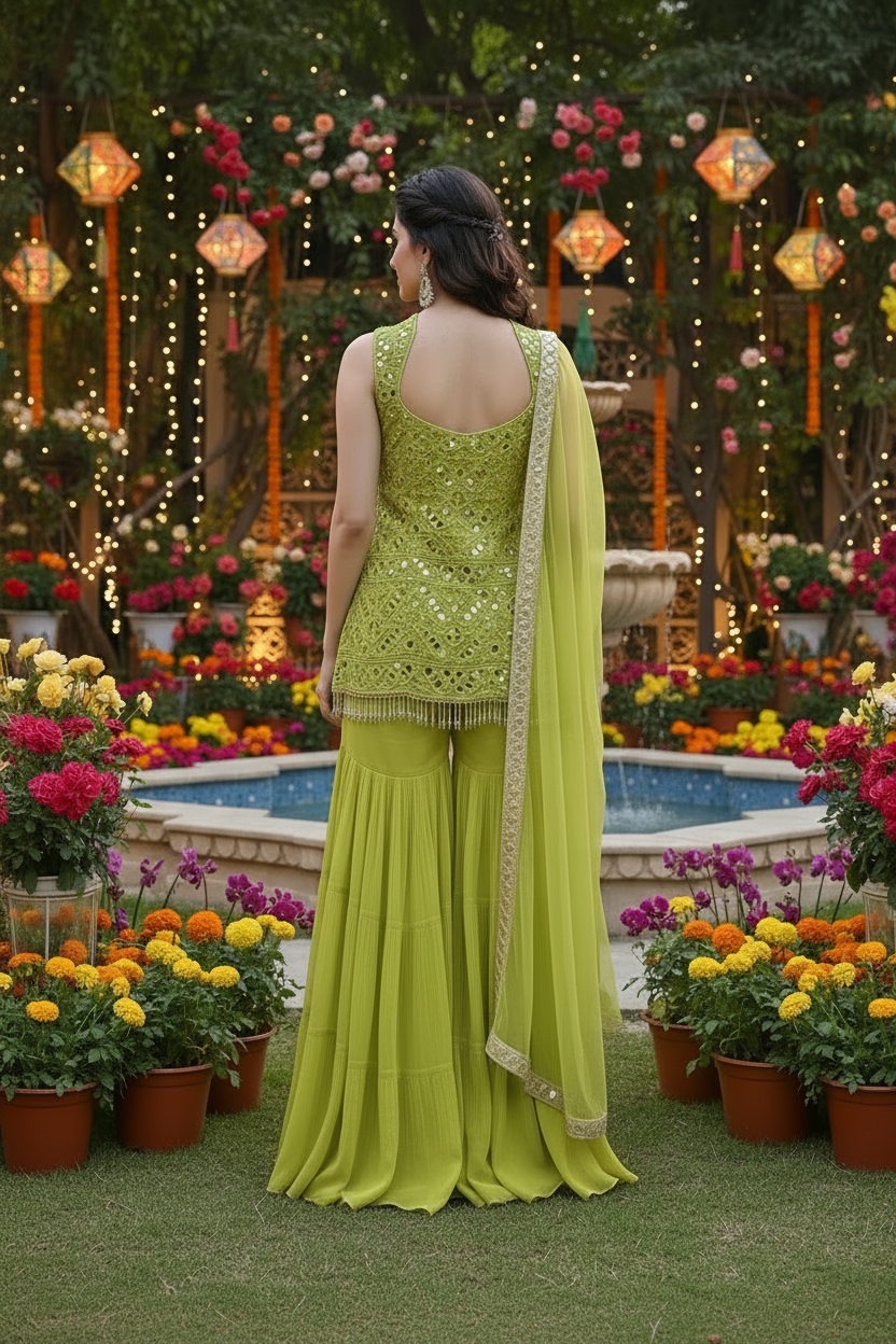 Lime Green Mirror Work Sharara Set - Image 2