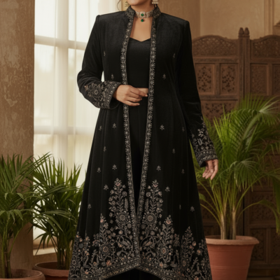 Regal Black Velvet Embroidered Long Jacket Set