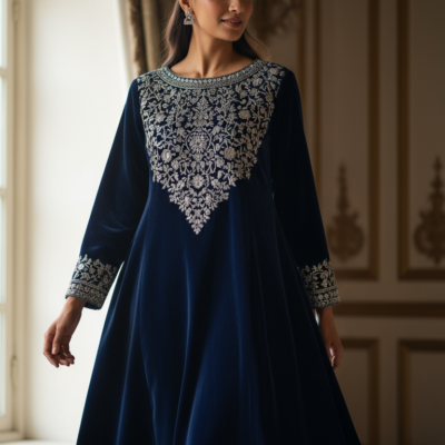 Royal Navy Velvet A-Line Embroidered Kurta Set