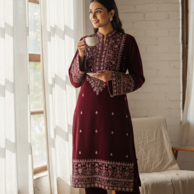 Maroon Velvet Heavily Embroidered Straight Kurta Set
