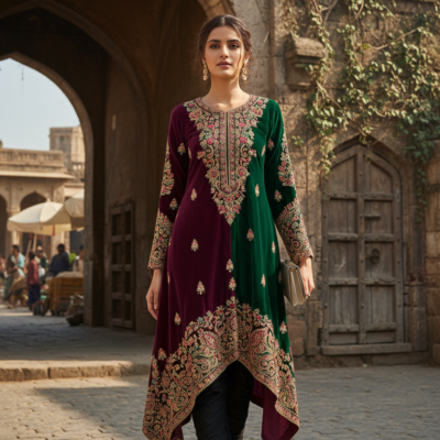 Dual-Tone Velvet Asymmetric Embroidered Kurta