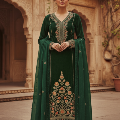 Emerald Royale Velvet Embroidered Kurta Set