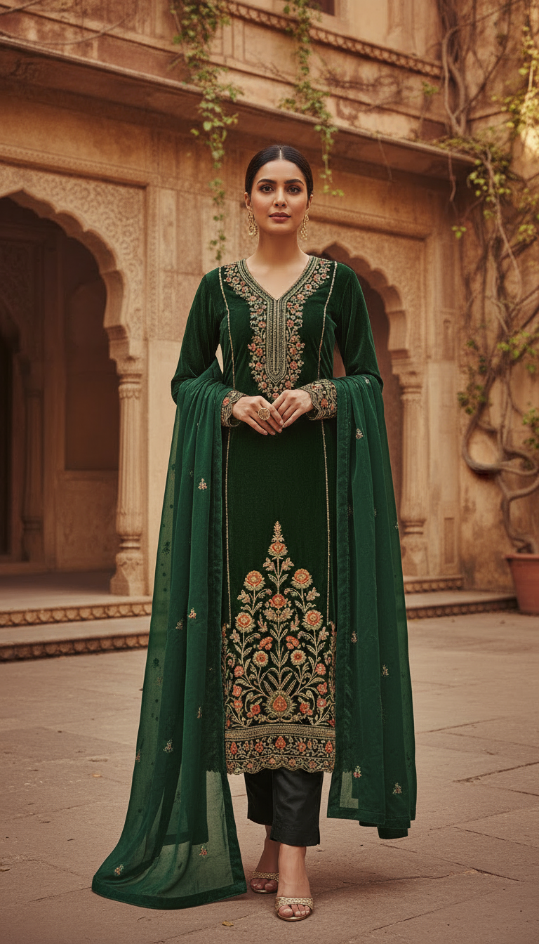 Emerald Royale Velvet Embroidered Kurta Set