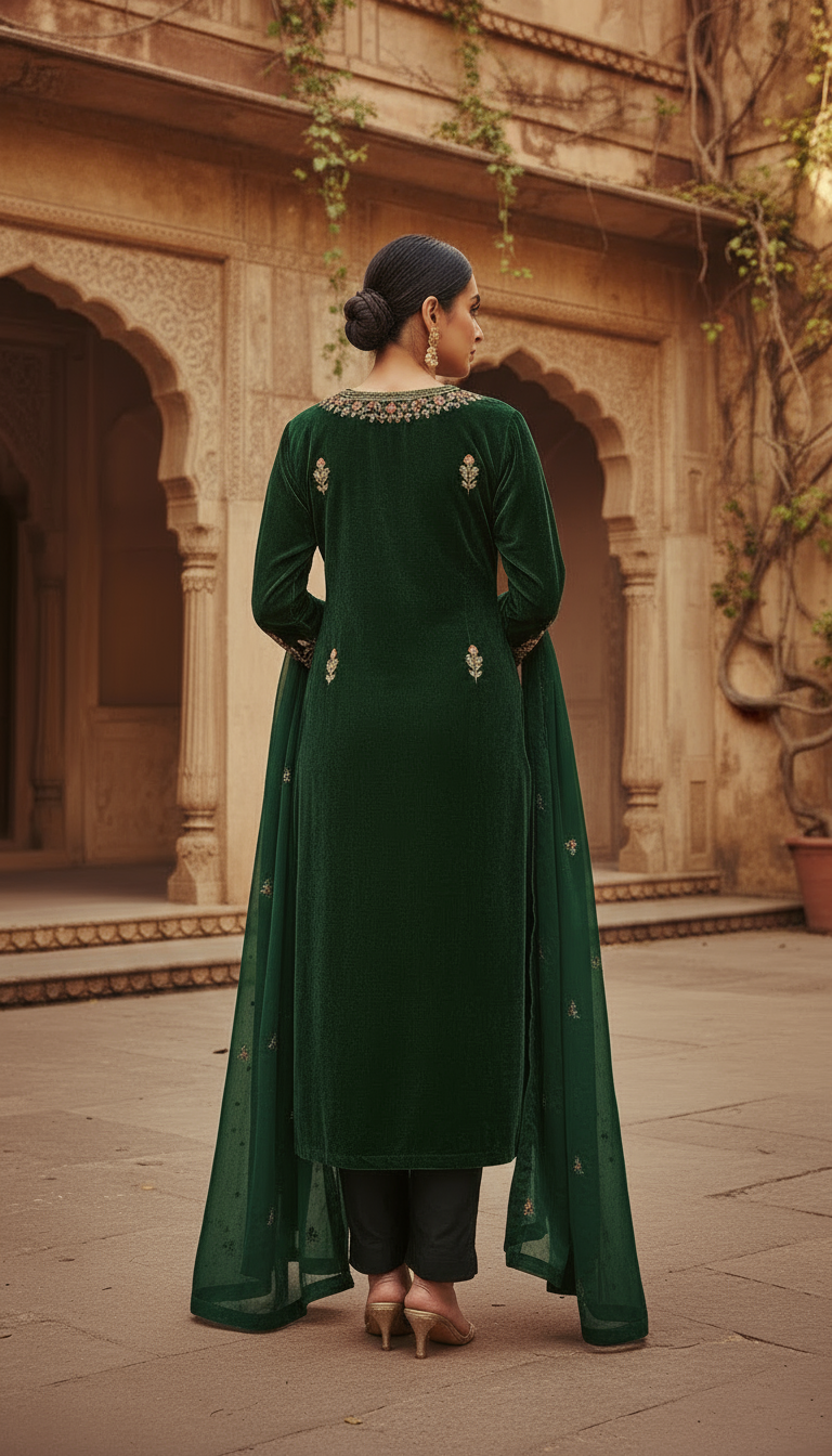 Emerald Royale Velvet Embroidered Kurta Set - Image 2