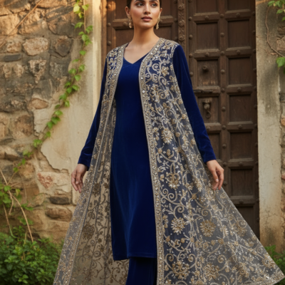 Royal Midnight Blue Velvet Embroidered Jacket Suit Set