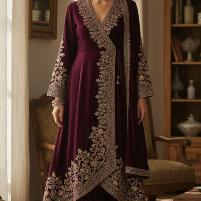 Plum Velvet Heavy Embroidered Wrap Anarkali Set
