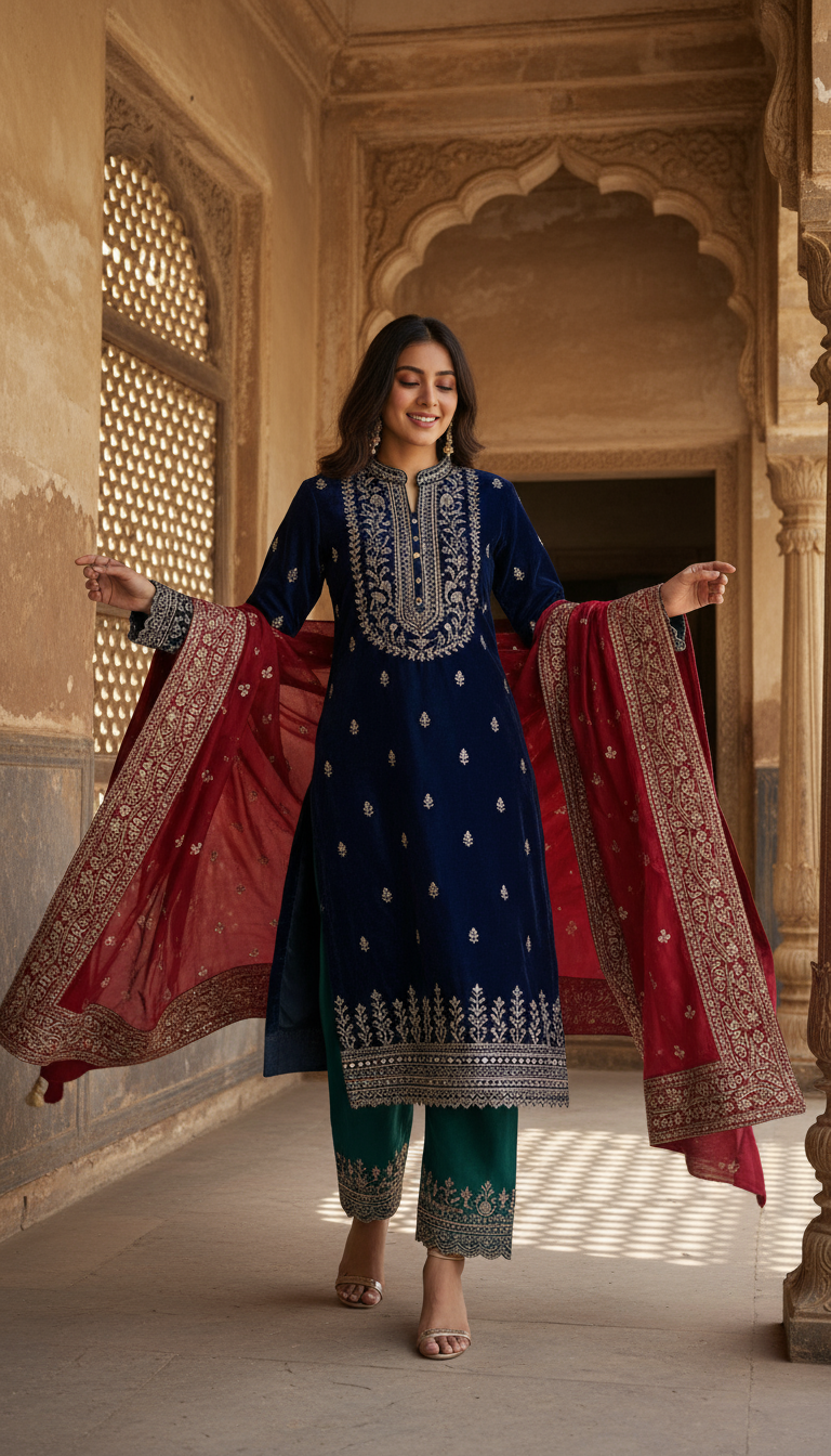 Navy Velvet Heritage Embroidered Suit Set with Contrast Emerald Pants & Red Dupatta
