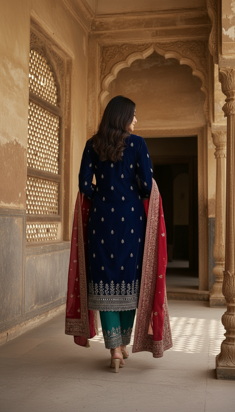 Navy Velvet Heritage Embroidered Suit Set with Contrast Emerald Pants & Red Dupatta - Image 2