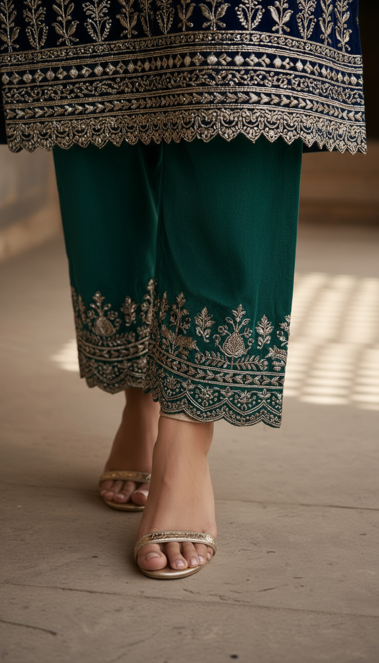 Navy Velvet Heritage Embroidered Suit Set with Contrast Emerald Pants & Red Dupatta - Image 3